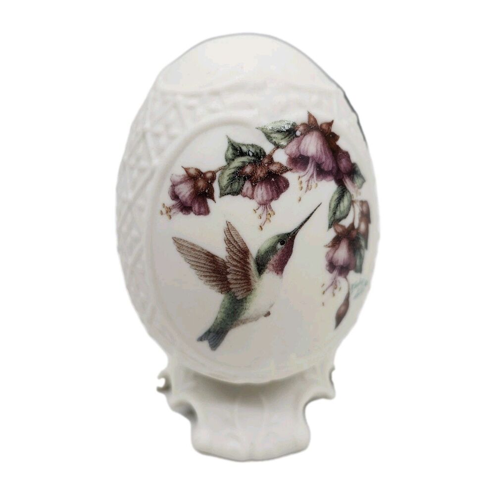 Vintage Kathy Seek Porcelain Egg with Stand Hummingbird Purple Flowers Embossed